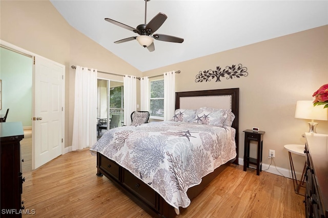 bedroom featuring light hardwood / wood-style floors, high vaulted ceiling, ceiling fan, and access to exterior