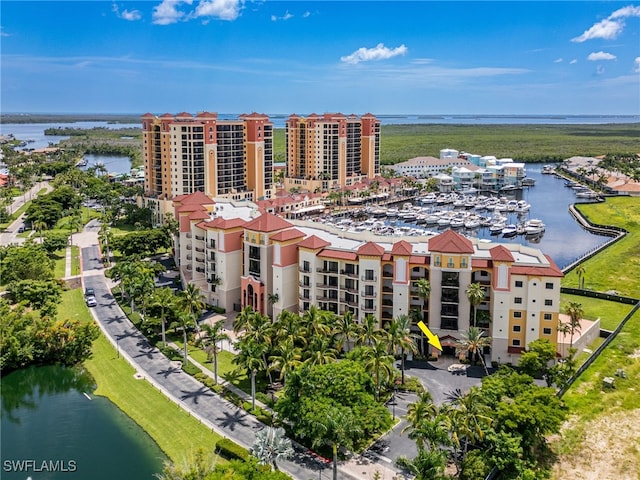 aerial view with a water view