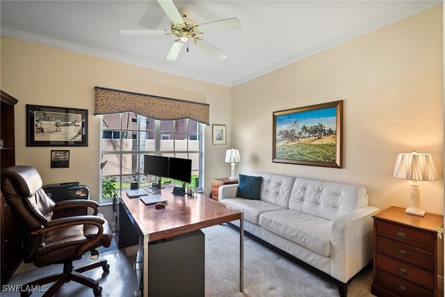 office featuring ornamental molding and ceiling fan