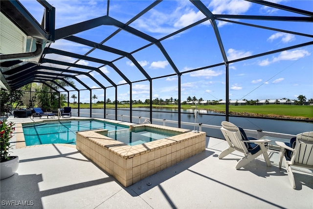 view of pool featuring a water view, an in ground hot tub, a lanai, and a patio