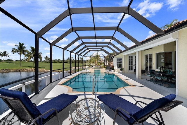 view of pool featuring a lanai, a patio, and a water view