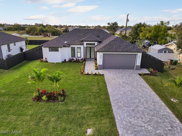 view of front of property featuring a front yard and a garage