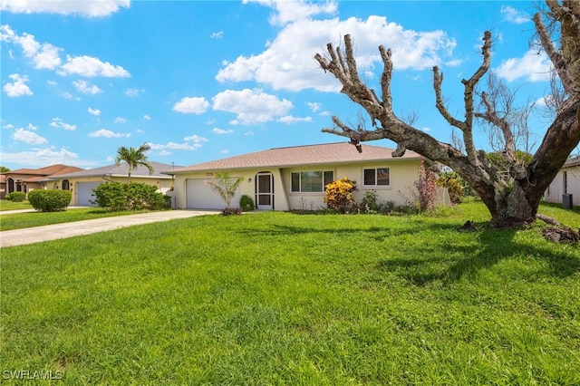 single story home featuring a garage and a front lawn