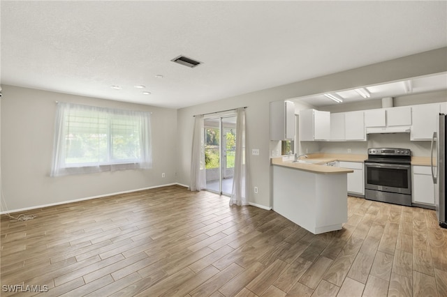 kitchen with white cabinetry, light wood-type flooring, sink, appliances with stainless steel finishes, and kitchen peninsula