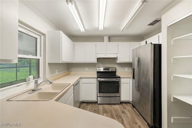 kitchen with white cabinets, stainless steel appliances, sink, and light wood-type flooring