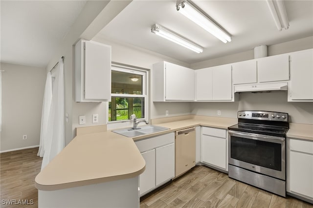 kitchen with white cabinetry, sink, dishwashing machine, and electric stove