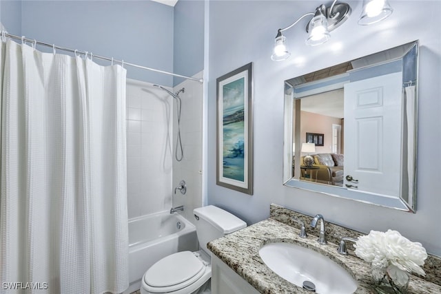 full bathroom with vanity, shower / bath combination with curtain, and toilet