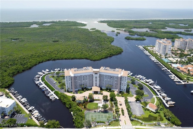 aerial view featuring a water view