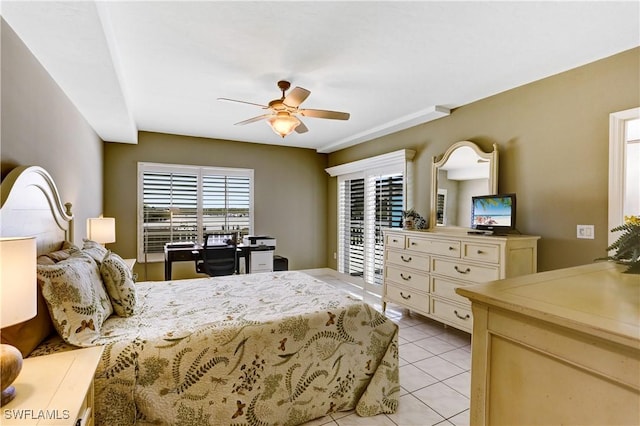 bedroom with light tile patterned floors and a ceiling fan