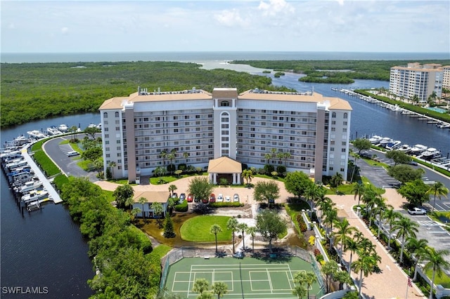 bird's eye view with a water view