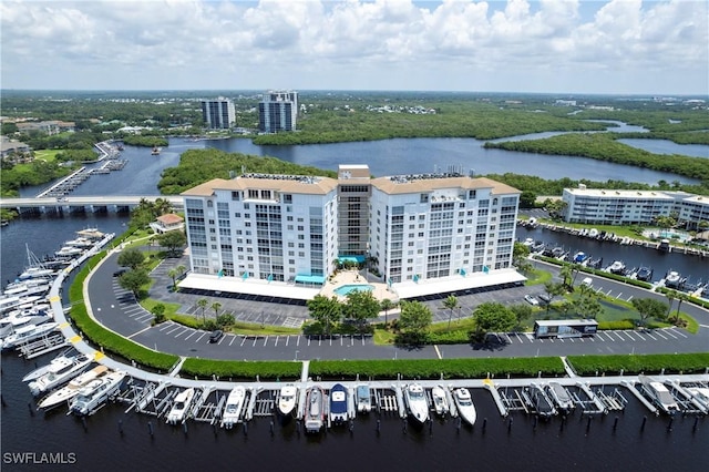 bird's eye view with a water view