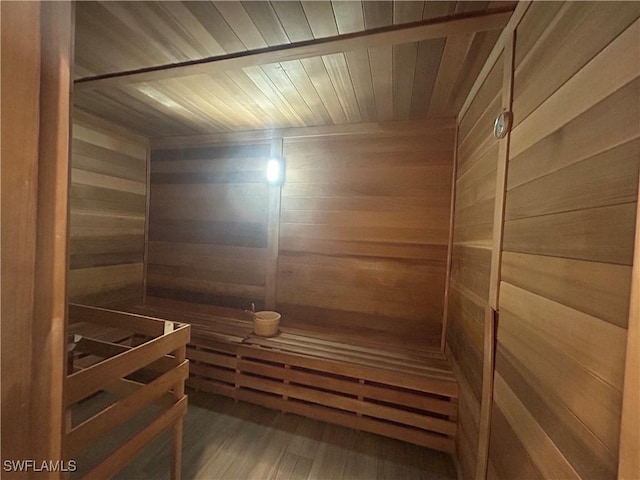 view of sauna featuring hardwood / wood-style floors