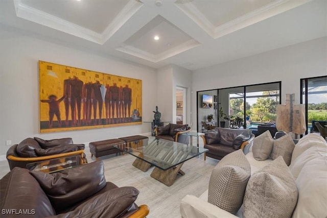 living area with coffered ceiling, ornamental molding, a high ceiling, beam ceiling, and recessed lighting