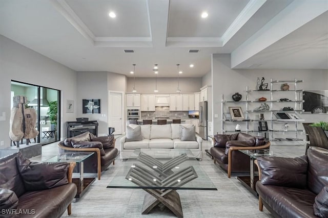 living area featuring recessed lighting, coffered ceiling, crown molding, and visible vents