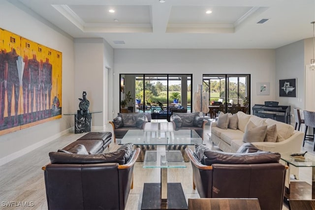 living room with ornamental molding, coffered ceiling, and beam ceiling