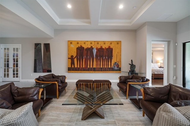 living room with crown molding, beamed ceiling, and a wealth of natural light