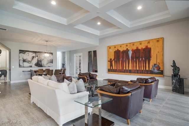 living room with crown molding, beam ceiling, coffered ceiling, and a chandelier