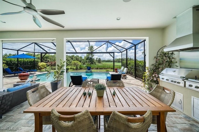 exterior space featuring a pool and ceiling fan