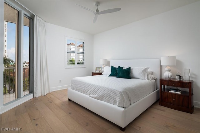 bedroom featuring ceiling fan and light wood-type flooring