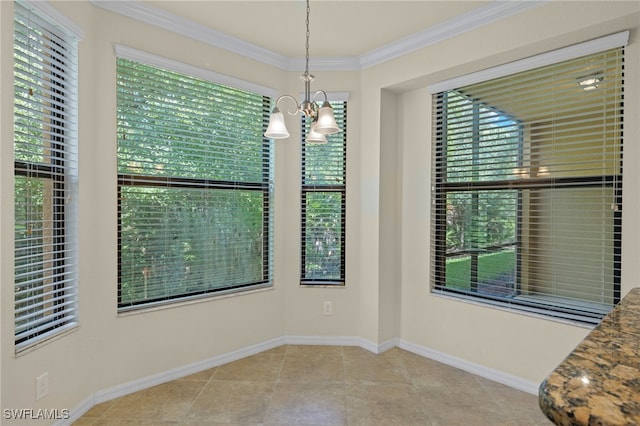 empty room with a notable chandelier, baseboards, light tile patterned flooring, and crown molding