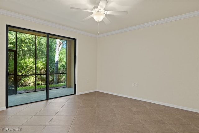 unfurnished room with light tile patterned floors, a ceiling fan, baseboards, and crown molding