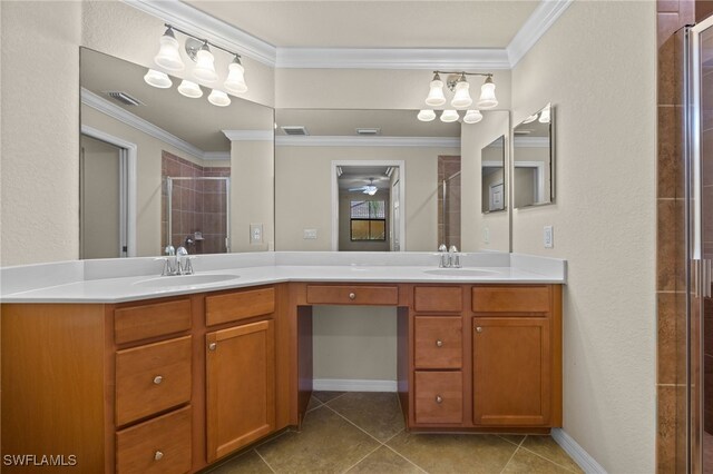 bathroom with dual vanity, crown molding, tile patterned flooring, and a shower with shower door