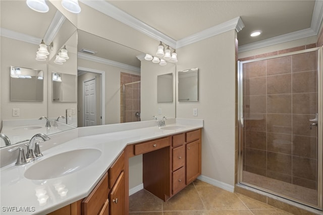 bathroom featuring tile patterned flooring, double vanity, ornamental molding, and a shower with door