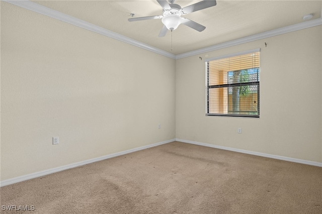 spare room featuring ceiling fan, carpet floors, ornamental molding, and baseboards