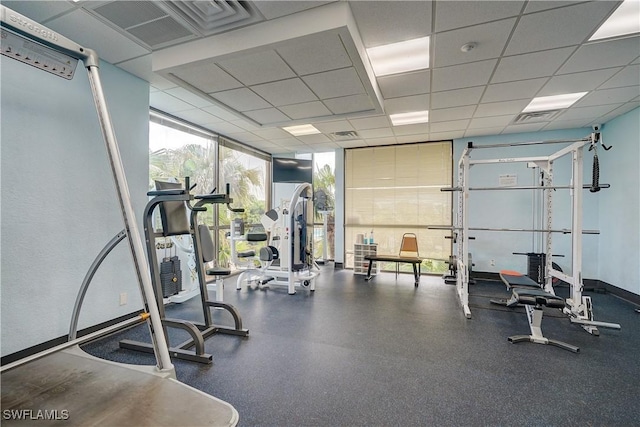 exercise room featuring floor to ceiling windows and a drop ceiling