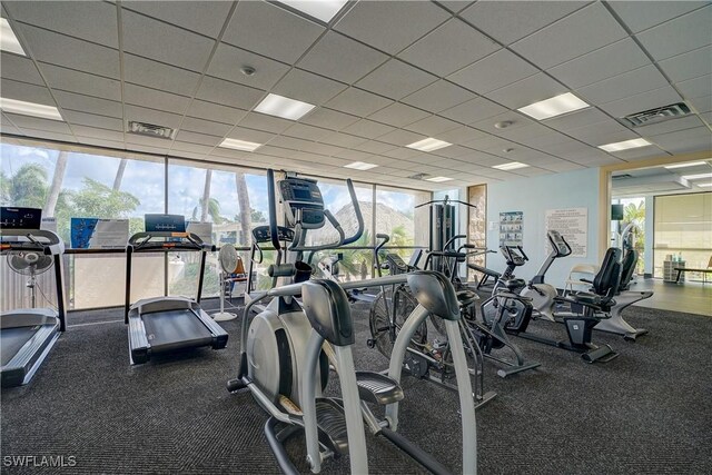 gym featuring a drop ceiling and floor to ceiling windows