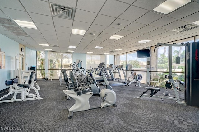 exercise room with floor to ceiling windows and a paneled ceiling