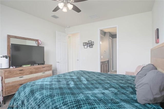 bedroom featuring connected bathroom and ceiling fan