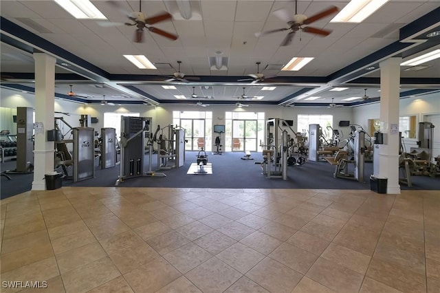 workout area with ceiling fan