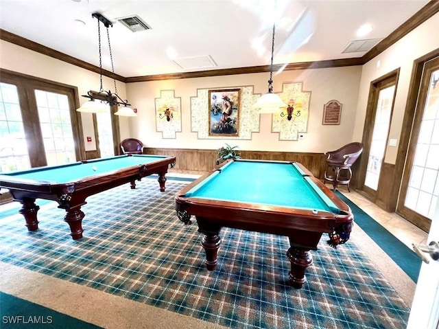 rec room with billiards, wooden walls, visible vents, a wainscoted wall, and crown molding