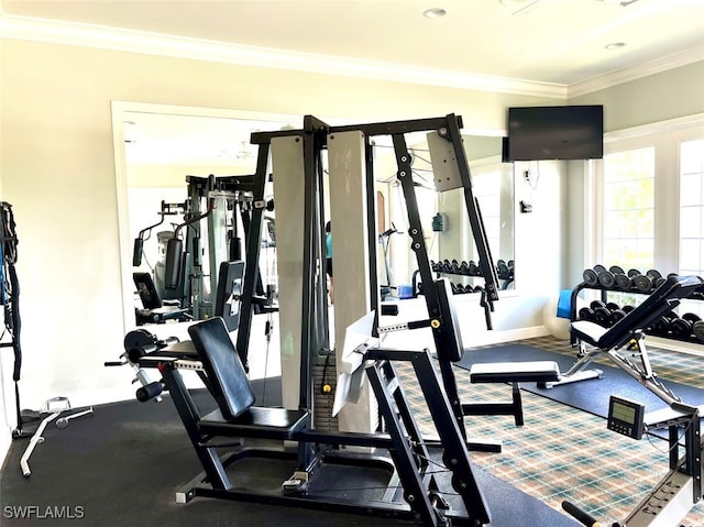 workout area with crown molding and carpet