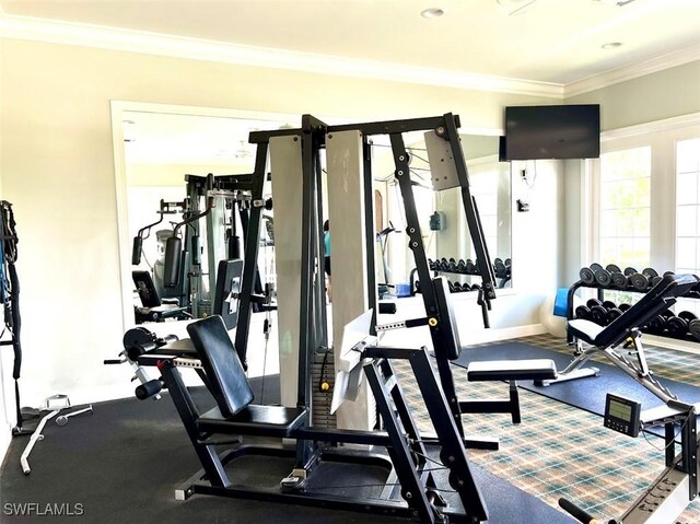 exercise room with crown molding