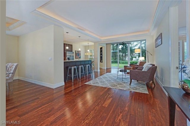 sitting room featuring a raised ceiling and dark wood-type flooring