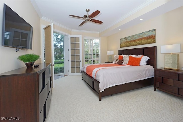 carpeted bedroom featuring ceiling fan, access to exterior, and crown molding