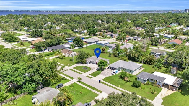 drone / aerial view featuring a water view