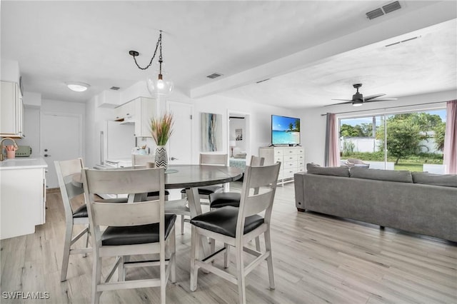 dining area featuring sink, ceiling fan, and light wood-type flooring