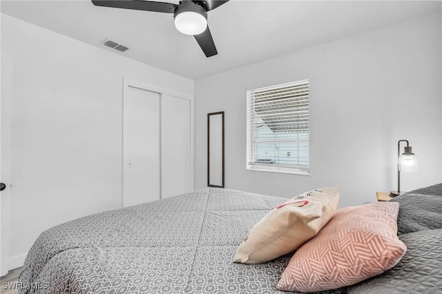 bedroom featuring ceiling fan and a closet