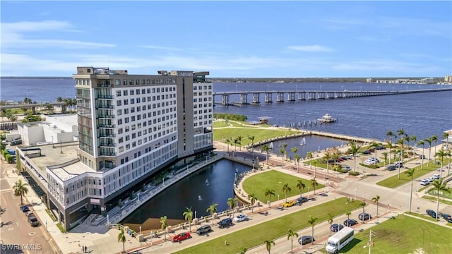 aerial view featuring a water view