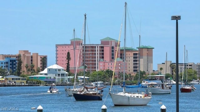 exterior space with a water view