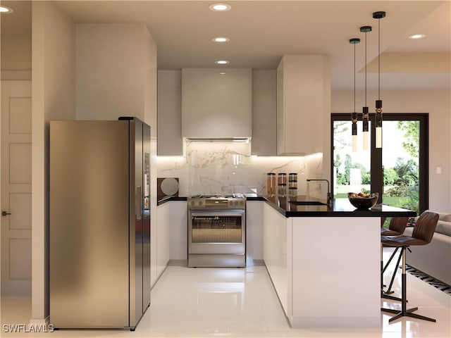 kitchen featuring stainless steel appliances, extractor fan, hanging light fixtures, white cabinets, and kitchen peninsula