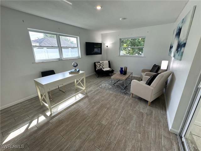 home office with light wood-type flooring and a healthy amount of sunlight