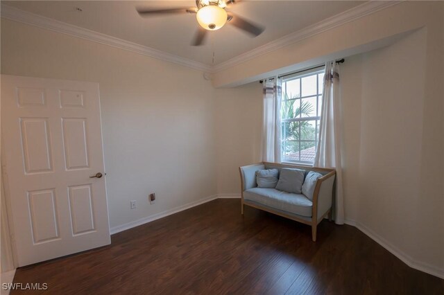 unfurnished room with wood-type flooring, ornamental molding, and ceiling fan