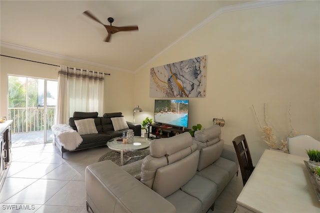 tiled living room featuring crown molding, ceiling fan, and lofted ceiling