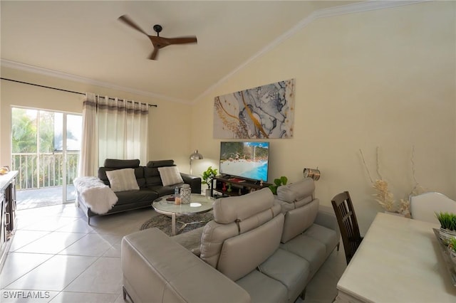 living area featuring ceiling fan, ornamental molding, vaulted ceiling, and light tile patterned flooring