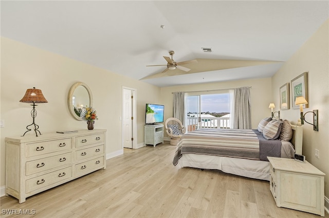 bedroom with ceiling fan, light wood-type flooring, access to exterior, and lofted ceiling