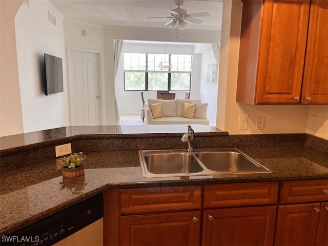 kitchen featuring sink, crown molding, stainless steel dishwasher, and ceiling fan